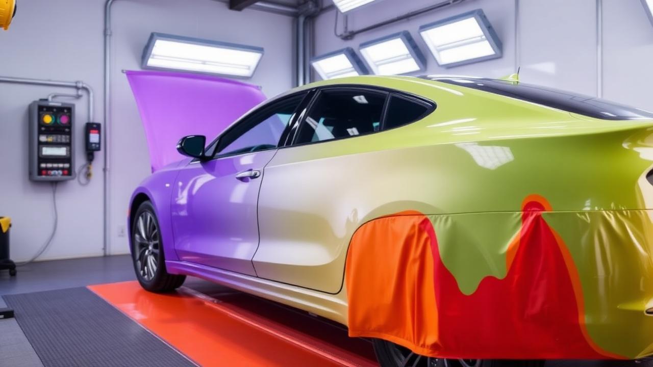 Carro em cabine de pintura recebendo nova cor em oficina especializada
