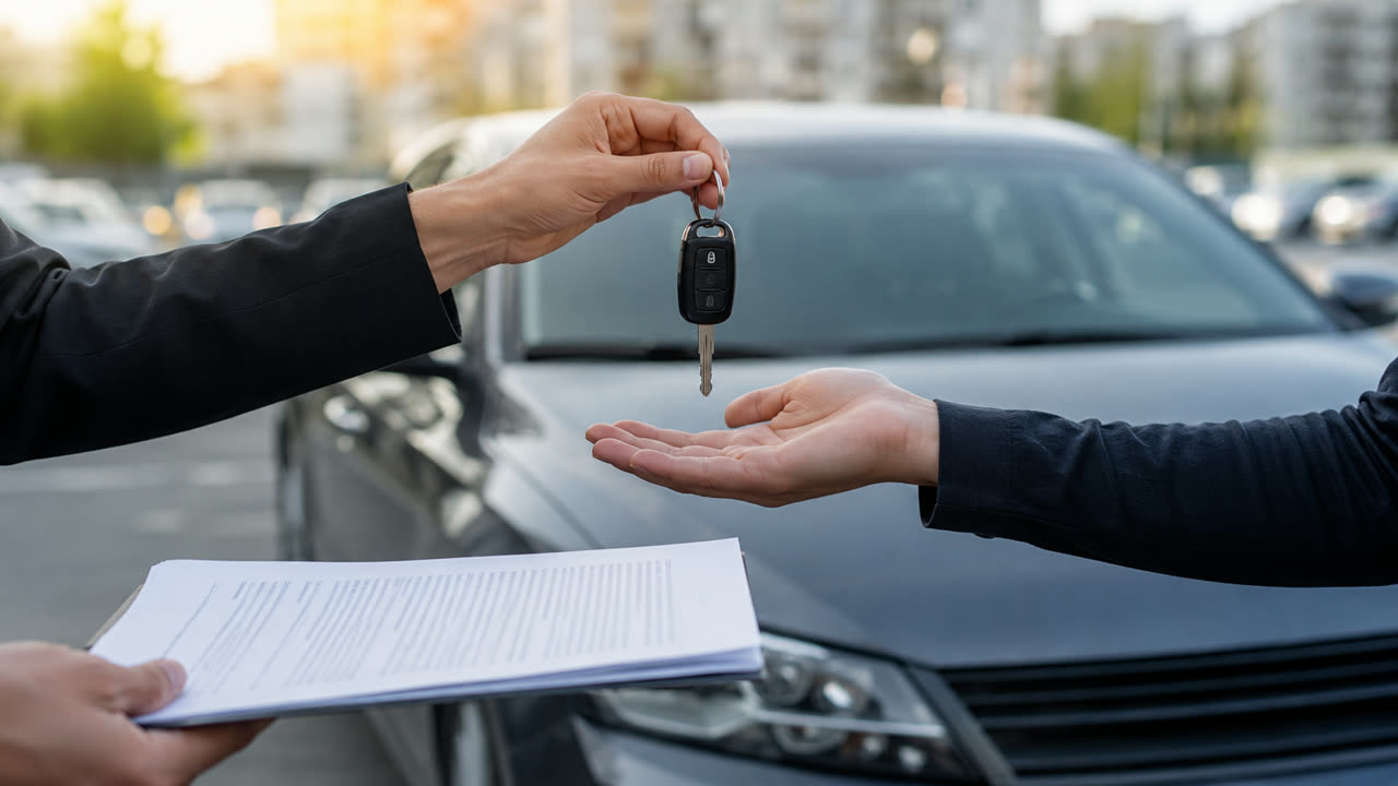 Vendedor entregando a chave do carro ao comprador após comunicação de venda no DETRAN-MG em Betim