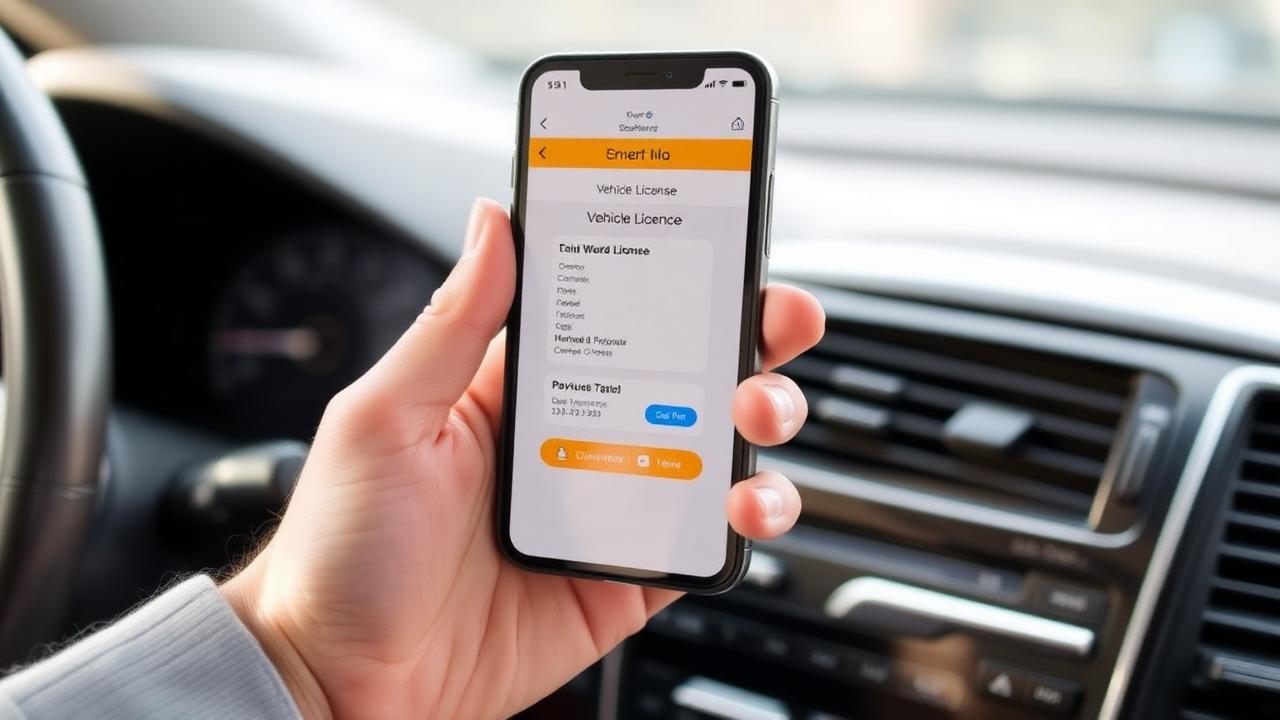 Smartphone exibindo o CRLV digital dentro de um carro em Betim