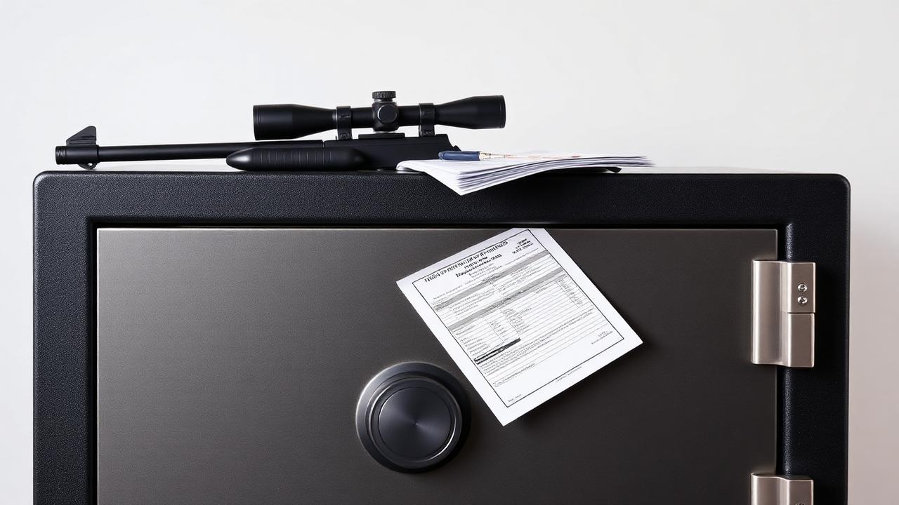 Cofre com arma esportiva e documentos de registro CAC sobre a tampa