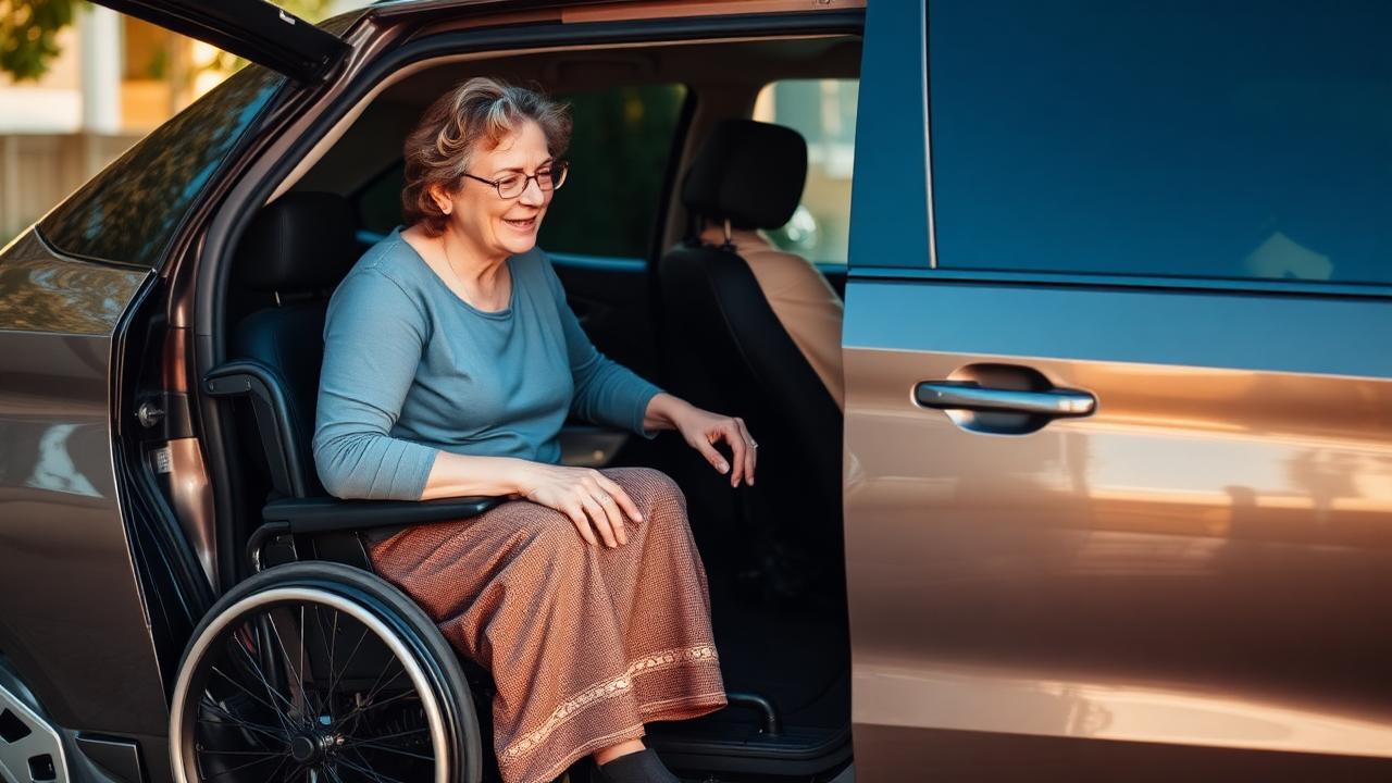 Pessoa com deficiência entrando em carro adaptado em ambiente acolhedor