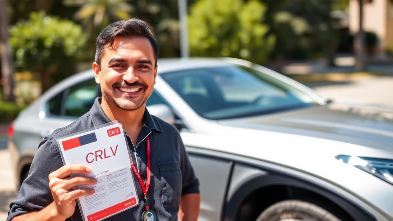 Motorista sorridente segurando o CRLV-e do licenciamento 2026 ao lado do carro em Betim MG