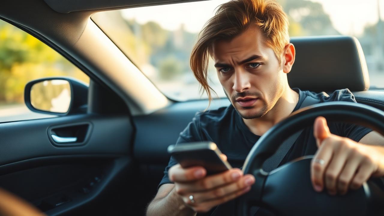 Motorista preocupado lendo notificação de multa no celular dentro do carro